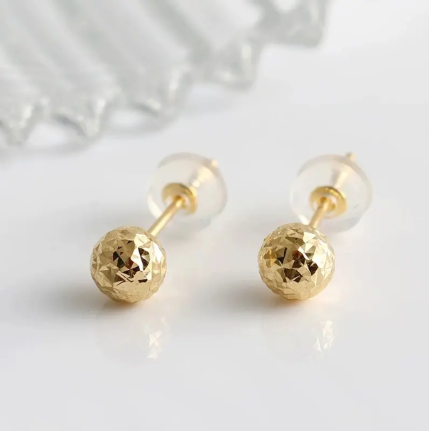 Shine Diamond Cut Round Bead Ball Ear Studs in Solid 18K AU750 Yellow Gold