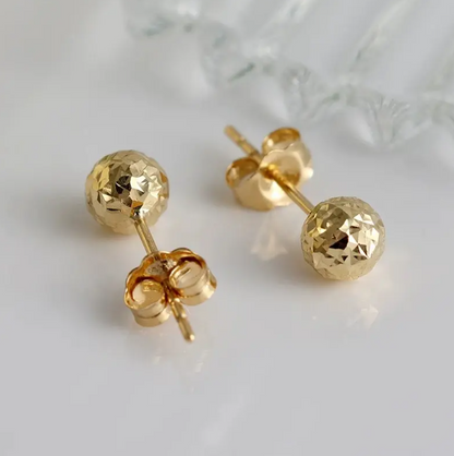 Shine Diamond Cut Round Bead Ball Ear Studs in Solid 18K AU750 Yellow Gold