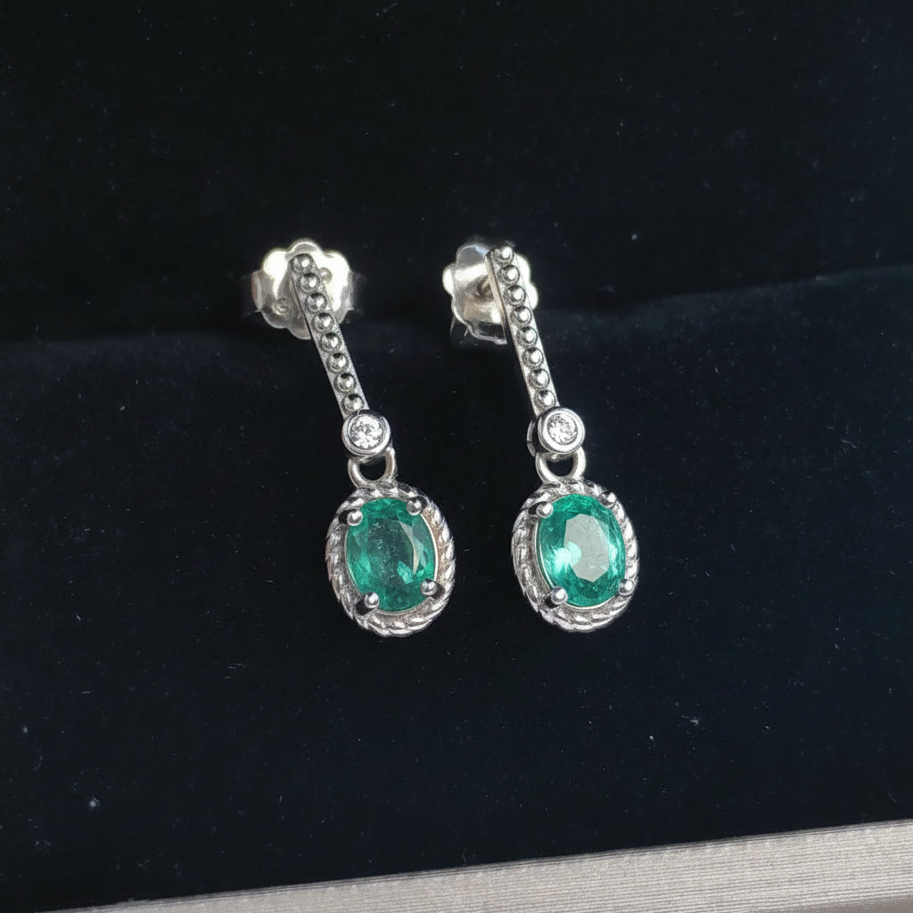 Natural Oval Emerald Long Dangle Ear Studs