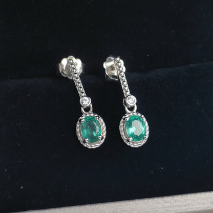 Natural Oval Emerald Long Dangle Ear Studs