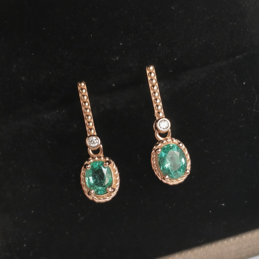 Natural Oval Emerald Long Dangle Ear Studs