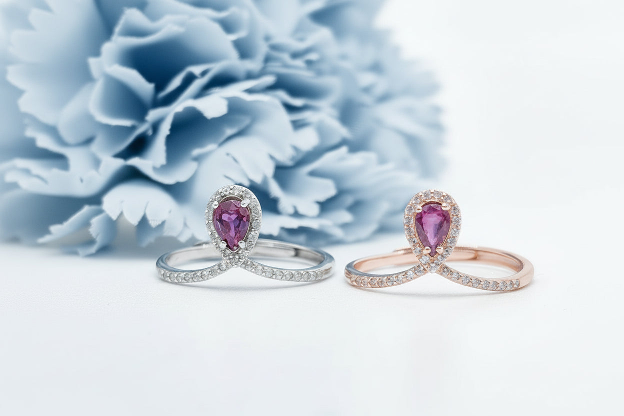 Red Ruby Teardrop Halo Demi Fine Ring