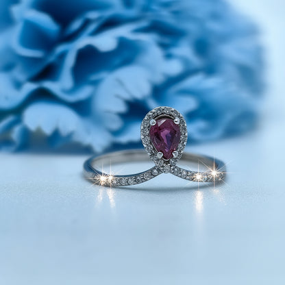 Red Ruby Teardrop Halo Demi Fine Ring