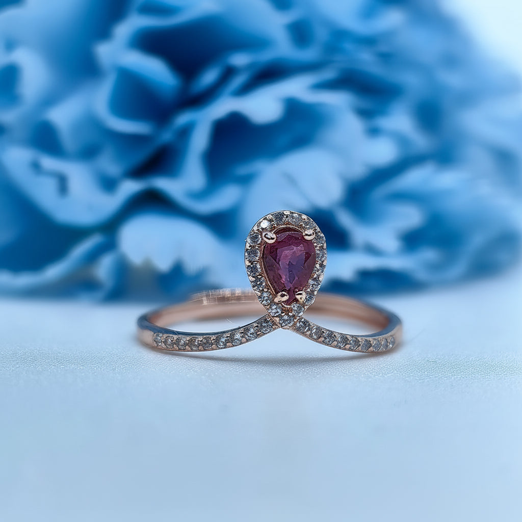 Red Ruby Teardrop Halo Demi Fine Ring