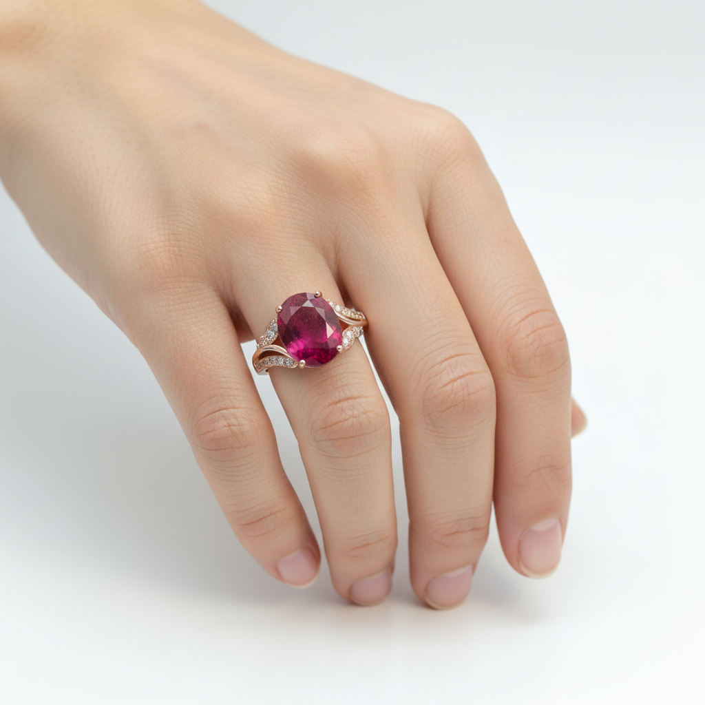 Ring with a red gemstone on a white background