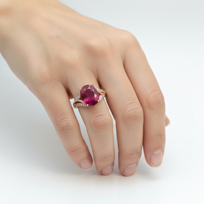 Ring with a red gemstone on a white background