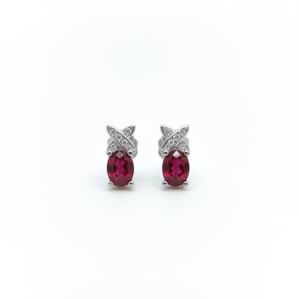 Dainty Red Ruby Oval Ear Studs - Cross