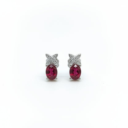 Dainty Red Ruby Oval Ear Studs - Cross