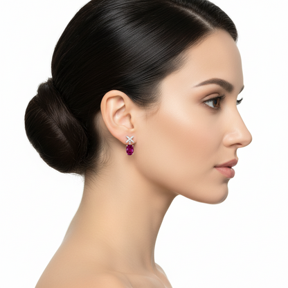 Dainty Red Ruby Oval Ear Studs - Cross