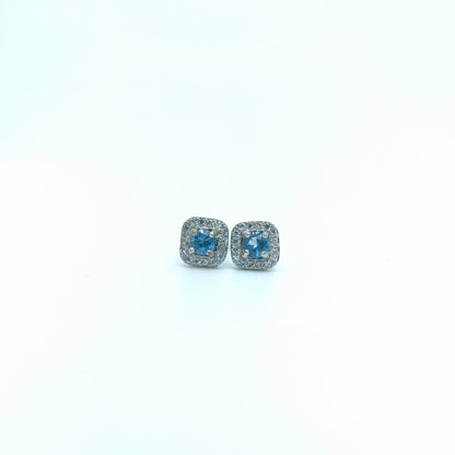 Blue Topaz Square Halo Dainty Studs in S925 Sterling Silver