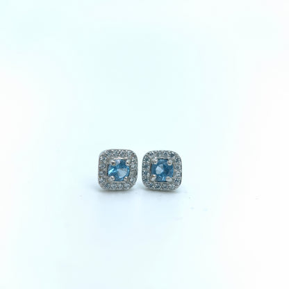 Blue Topaz Square Halo Dainty Studs in S925 Sterling Silver