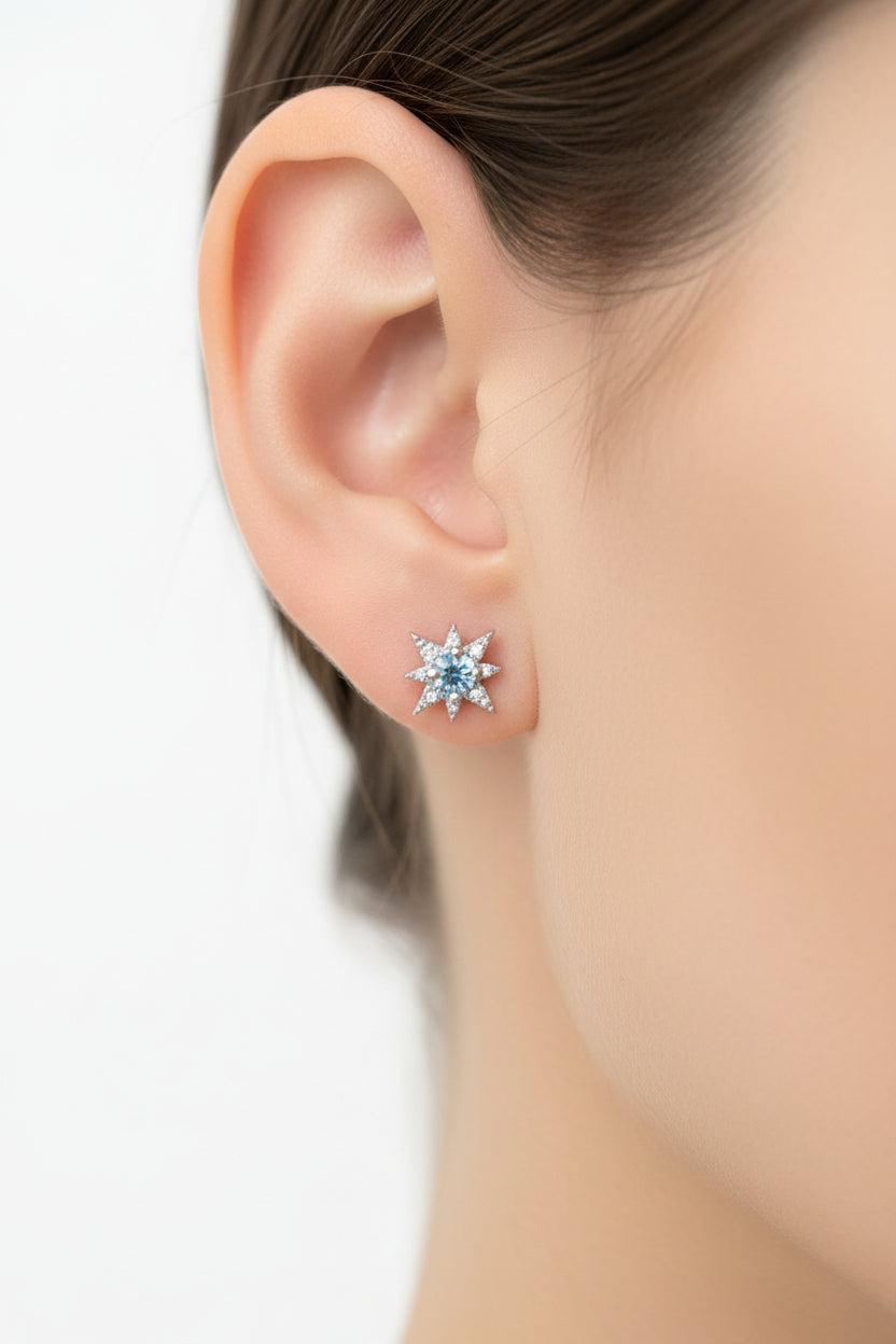 Blue Topaz Northern Star Ear Studs in S925 Sterling Silver
