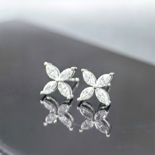 18K Gold Classic Marquise Flower Ear Studs in Natural Diamond / Lab Grown Diamond / White Moissanite