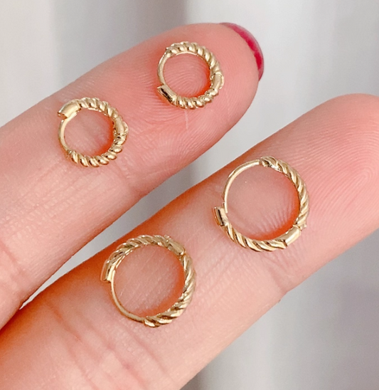 Twisted Rope 10K Solid Yellow Gold Ear Huggies Hoop