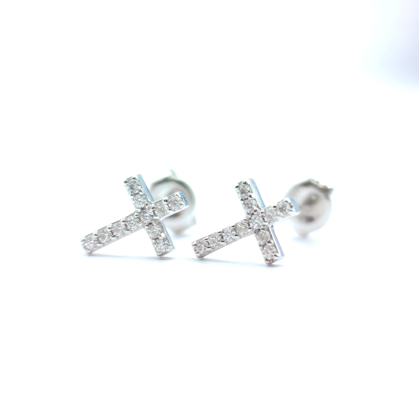 Petite Dainty Diamond Cross Ear Studs in Solid K Gold