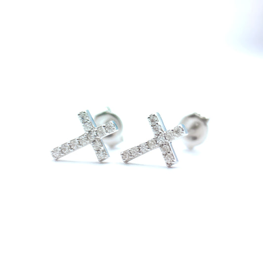 Petite Dainty Diamond Cross Ear Studs in Solid K Gold