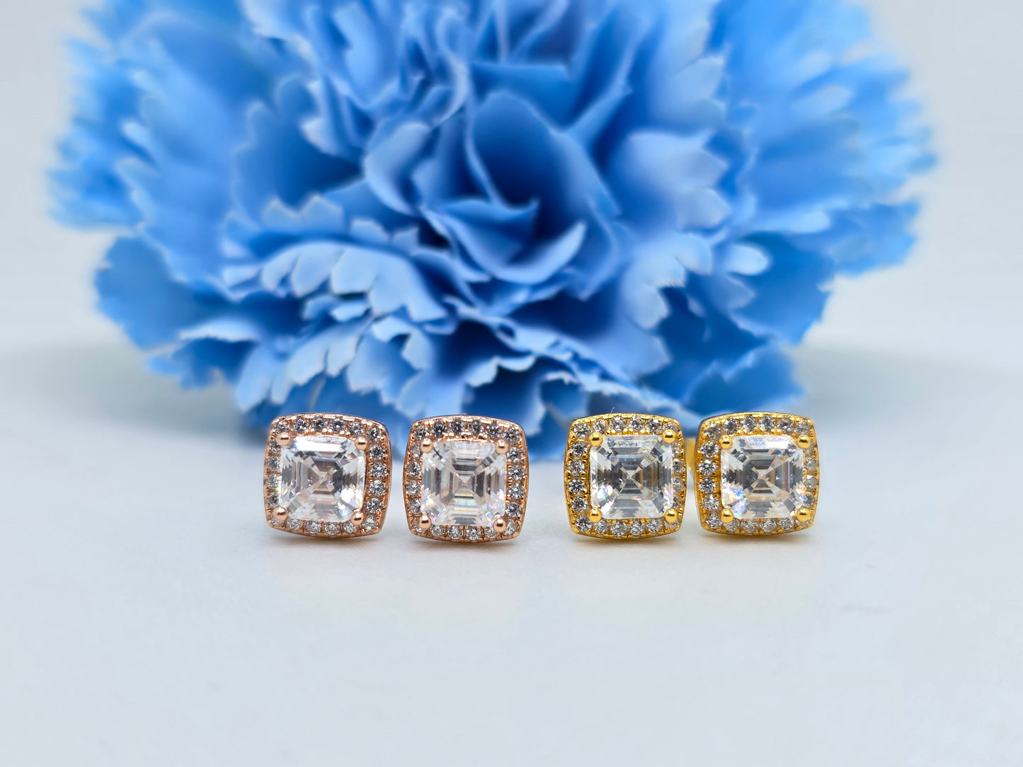 Asscher Cut Halo Studs Moissanites