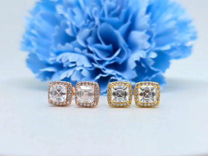 Asscher Cut Halo Studs Moissanites