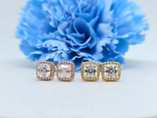 Asscher Cut Halo Studs Moissanites