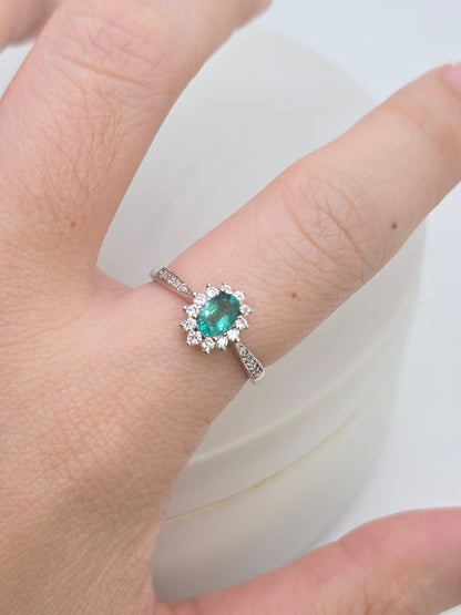Natural Oval Emerald Halo Paved Ring in S925 Silver Gold Vermeil