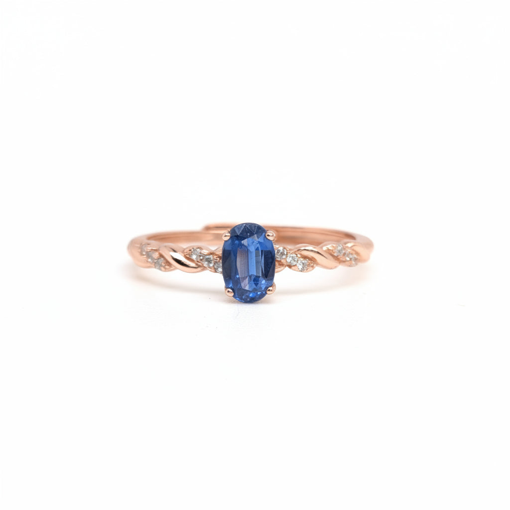 Natural Heated Oval Blue Sapphire S925 Demi Fine Rose Gold Adjustable Ring - Quiet