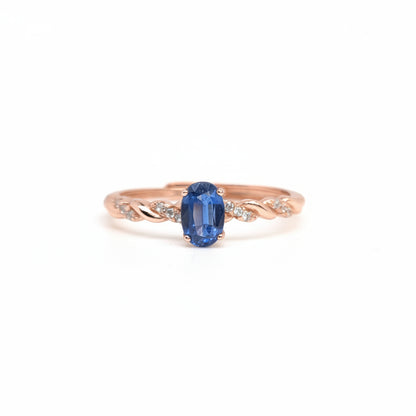 Natural Heated Oval Blue Sapphire S925 Demi Fine Rose Gold Adjustable Ring - Quiet