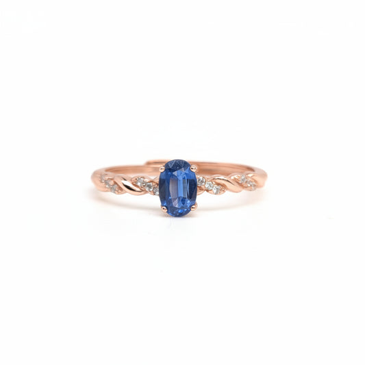 Natural Heated Oval Blue Sapphire S925 Demi Fine Rose Gold Adjustable Ring - Quiet
