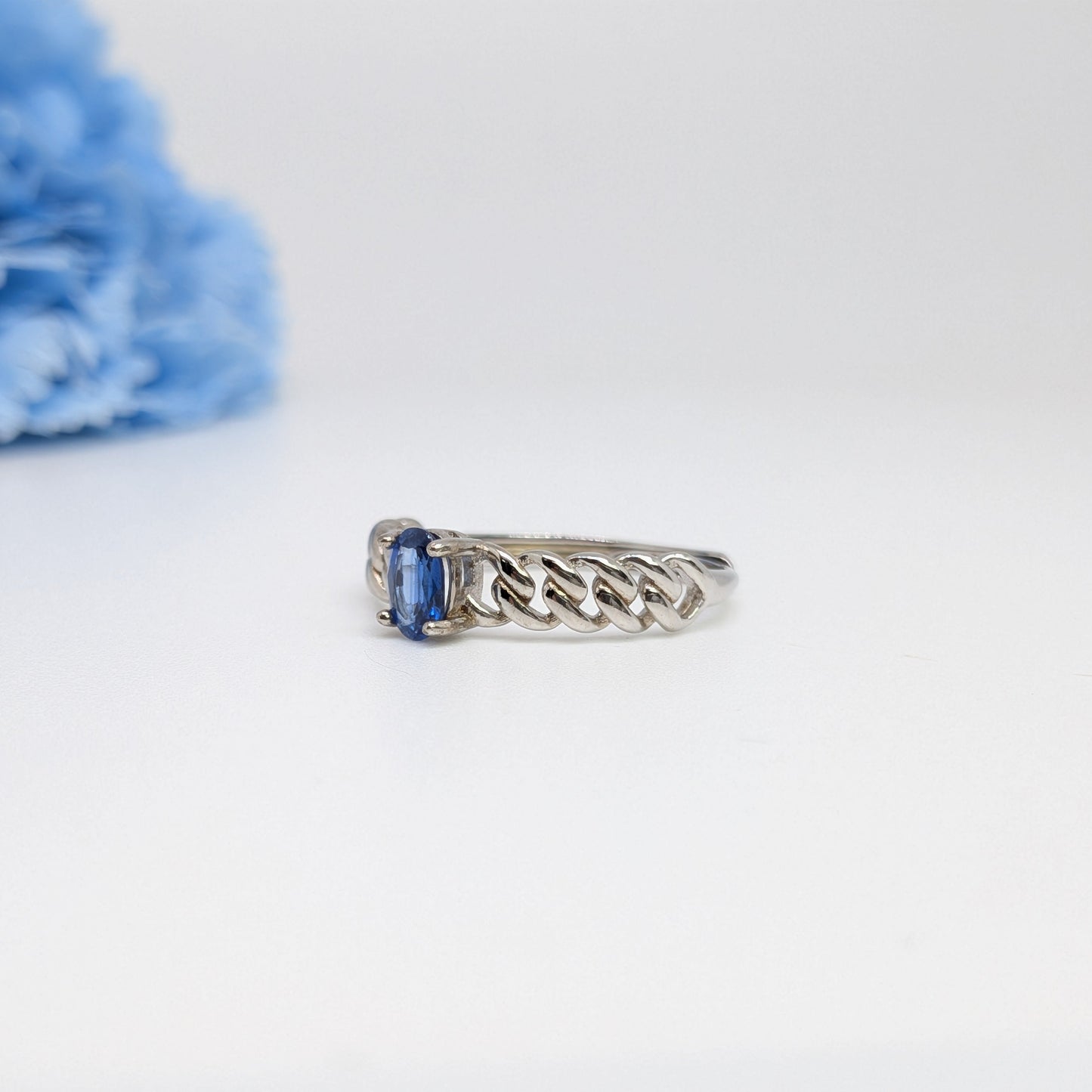 Natural Heated Oval Blue Sapphire S925 Demi Fine White Gold Adjustable Ring - Chain
