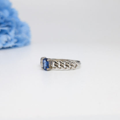 Natural Heated Oval Blue Sapphire S925 Demi Fine White Gold Adjustable Ring - Chain