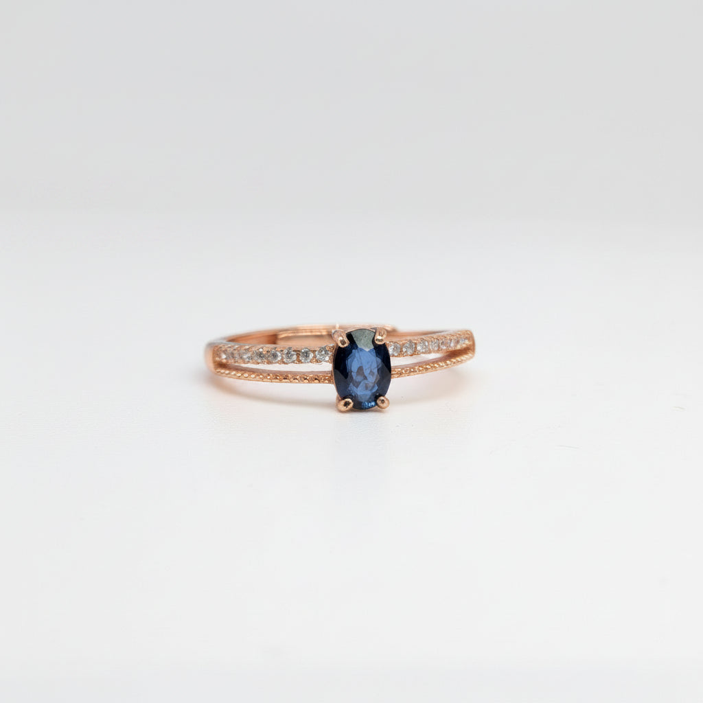 Natural Heated Oval Blue Sapphire S925 Demi Fine Rose Gold Adjustable Ring - Lacey
