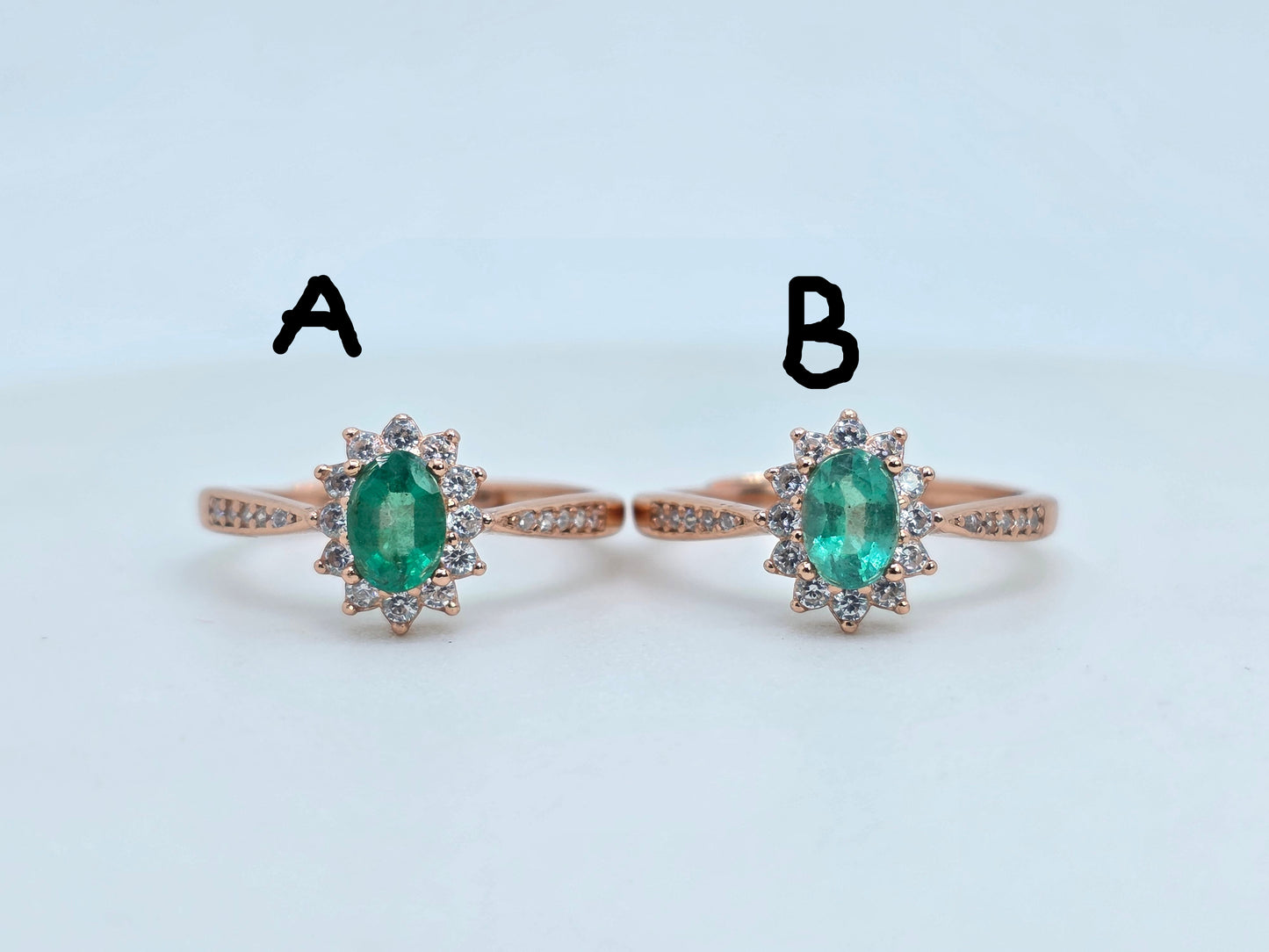 Natural Oval Emerald Halo Paved Ring in S925 Silver Gold Vermeil
