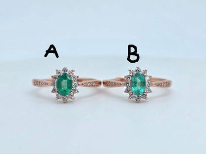 Natural Oval Emerald Halo Paved Ring in S925 Silver Gold Vermeil