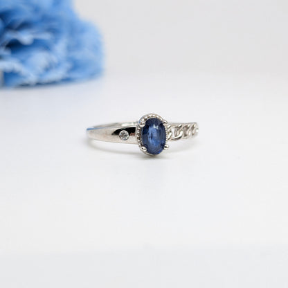 Natural Heated Oval Blue Sapphire S925 Demi Fine White Gold Adjustable Ring - Double