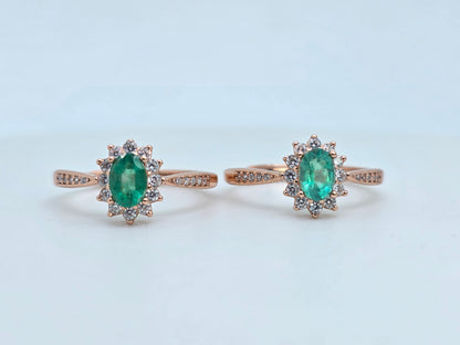 Natural Oval Emerald Halo Paved Ring in S925 Silver Gold Vermeil
