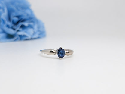 Natural Heated Oval Blue Sapphire S925 Demi Fine White Gold Adjustable Ring - Bold