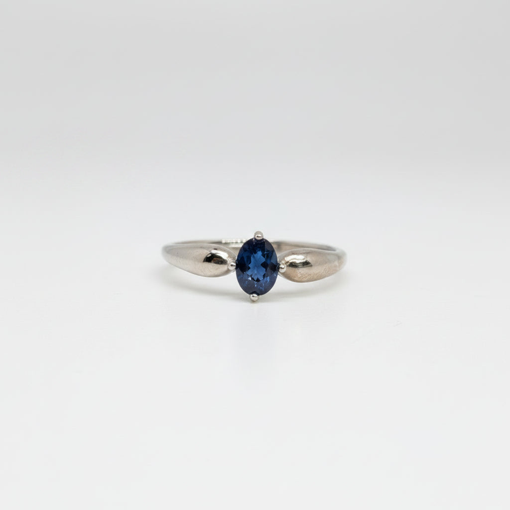 A silver ring with an oval-cut dark blue gemstone, photographed on a clean white surface with a soft-focus light blue flower in the background.