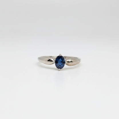 A silver ring with an oval-cut dark blue gemstone, photographed on a clean white surface with a soft-focus light blue flower in the background.