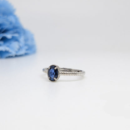 A silver ring featuring an oval-cut dark blue gemstone, set against a clean white background with a soft-focus light blue flower in the upper left corner.