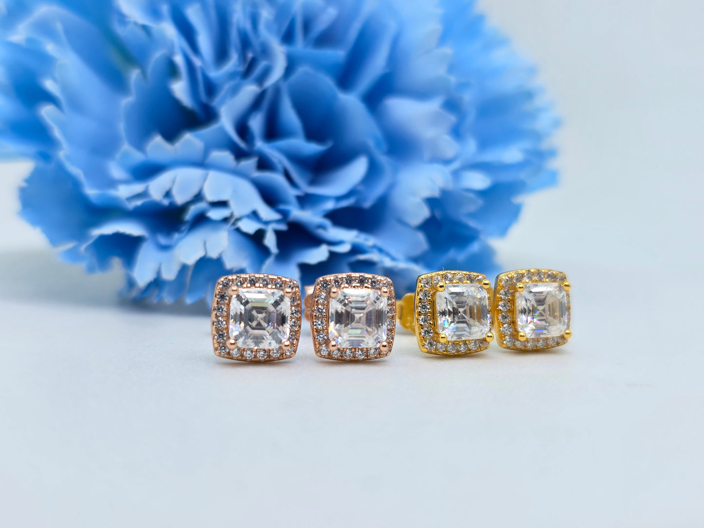 Asscher Cut Halo Studs Moissanites