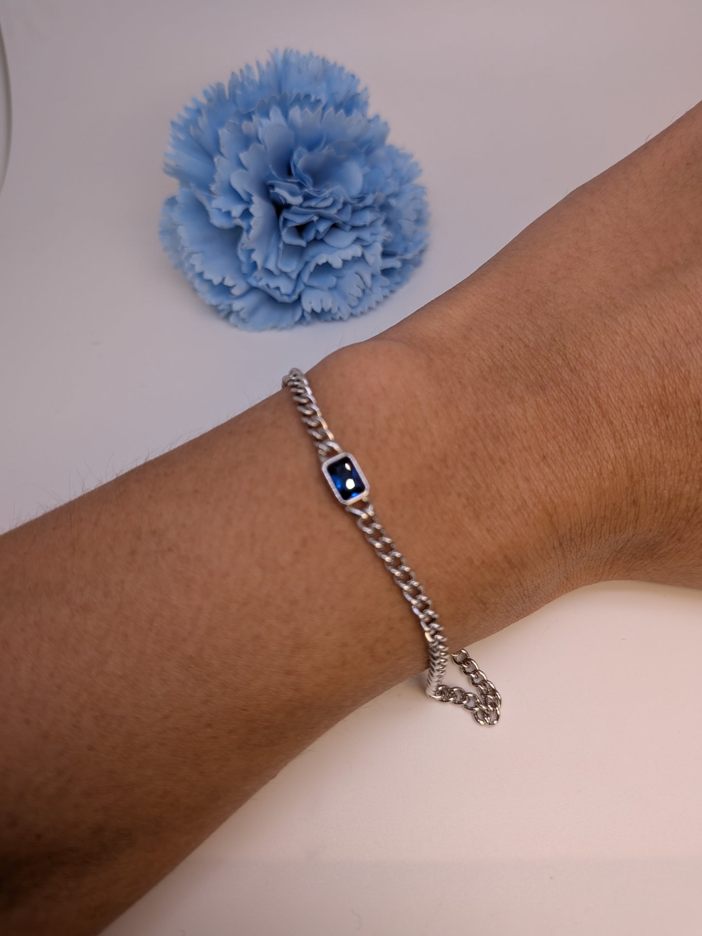 S925 Demi Fine Curb Chain Bracelet with Single Emerald Cut Lab Grown Gemstone