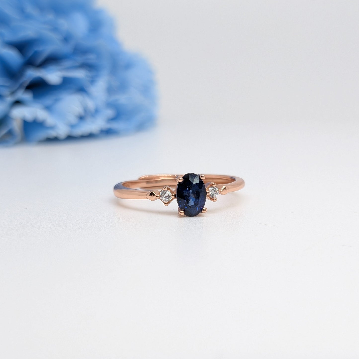 Natural Heated Oval Blue Sapphire S925 Demi Fine Rose Gold Adjustable Ring - Jane