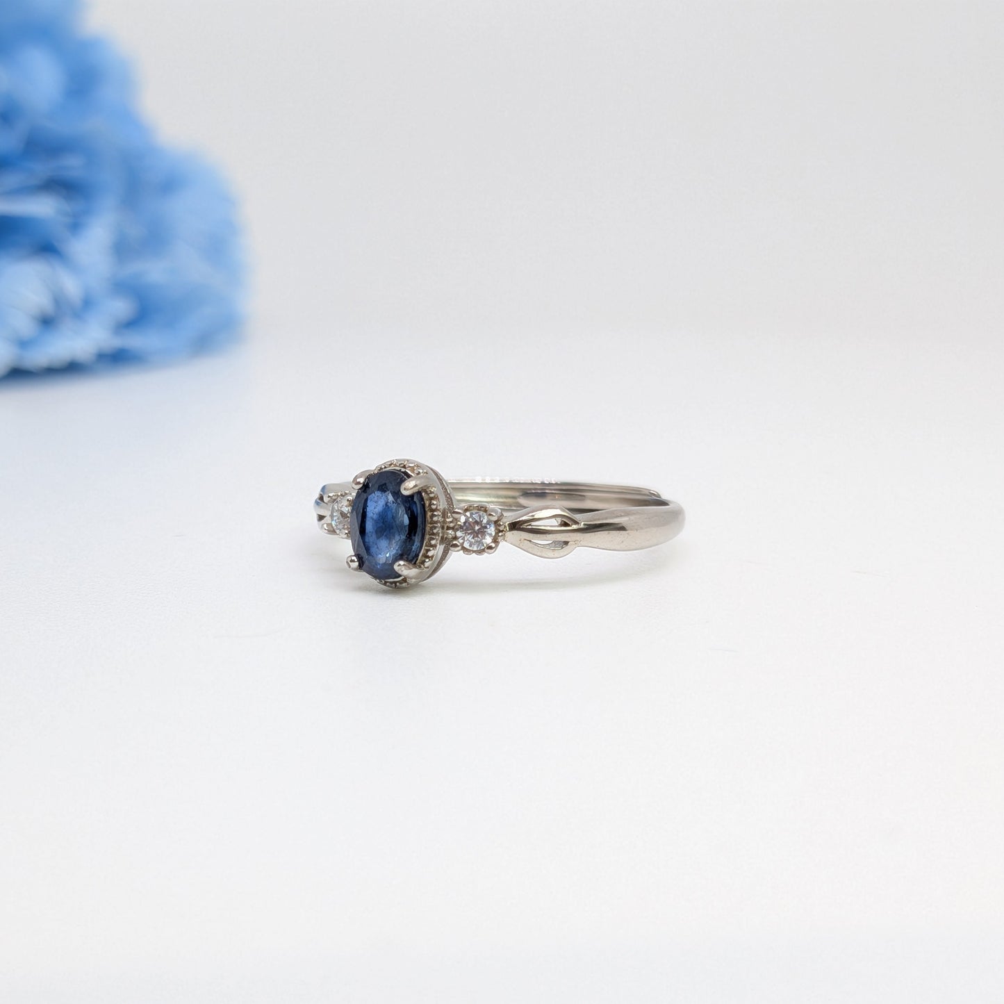 Natural Heated Oval Blue Sapphire S925 Demi Fine White Gold Adjustable Ring - Renee