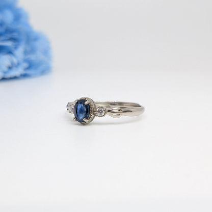 Natural Heated Oval Blue Sapphire S925 Demi Fine White Gold Adjustable Ring - Renee