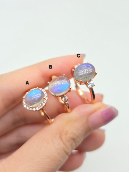 Natural Labradorite Oval Cabochon Gold Plated Rings