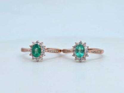 Natural Oval Emerald Halo Paved Ring in S925 Silver Gold Vermeil