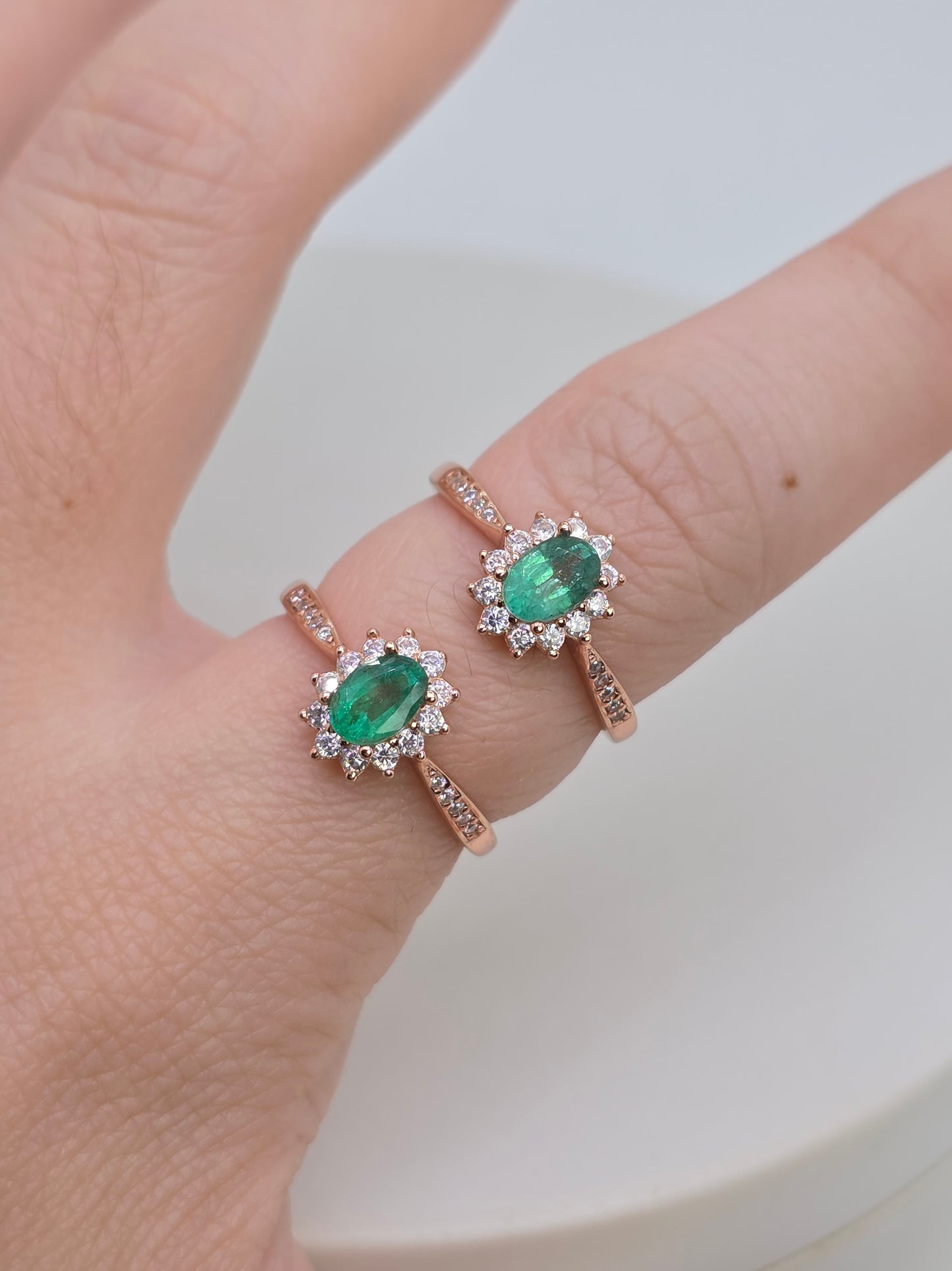 Natural Oval Emerald Halo Paved Ring in S925 Silver Gold Vermeil