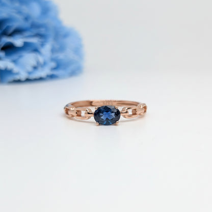 Natural Heated Oval Blue Sapphire S925 Demi Fine Rose Gold Adjustable Ring - Chain