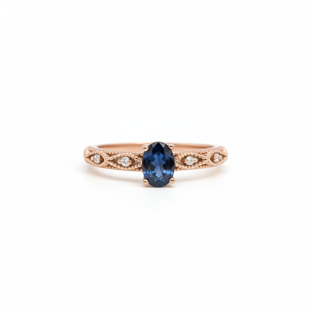 Natural Heated Oval Blue Sapphire S925 Demi Fine Rose Gold Adjustable Ring - December