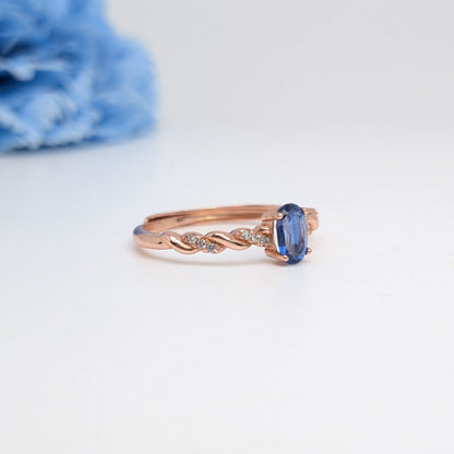 Natural Heated Oval Blue Sapphire S925 Demi Fine Rose Gold Adjustable Ring - Quiet