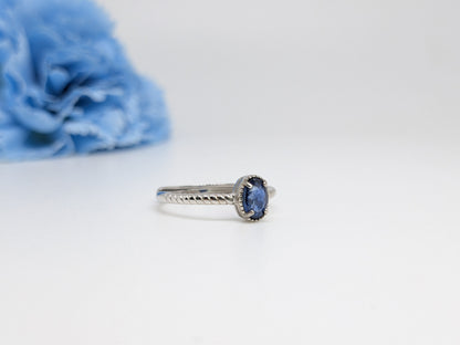 Natural Heated Oval Blue Sapphire S925 Demi Fine White Gold Adjustable Ring - Twist